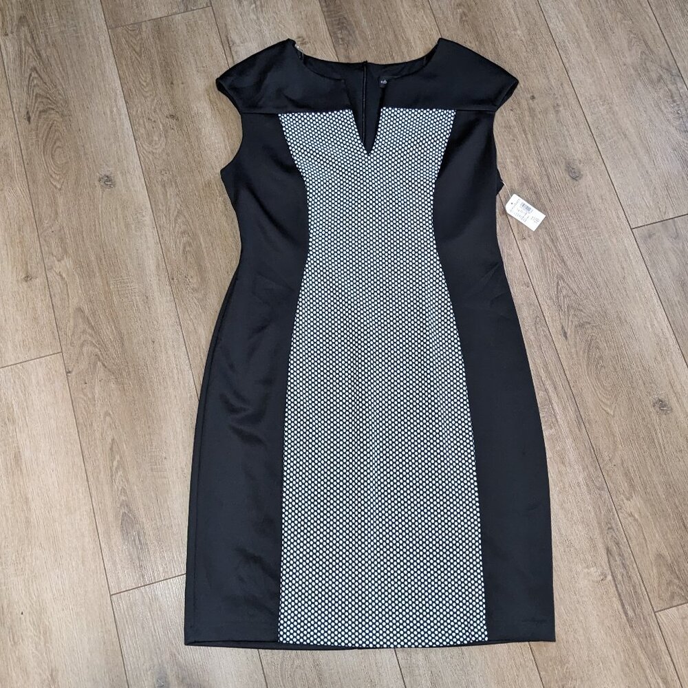 Connected Apparel Sheath Dress Womens 16 Cap Sleeve Zipper Black White V-Neck